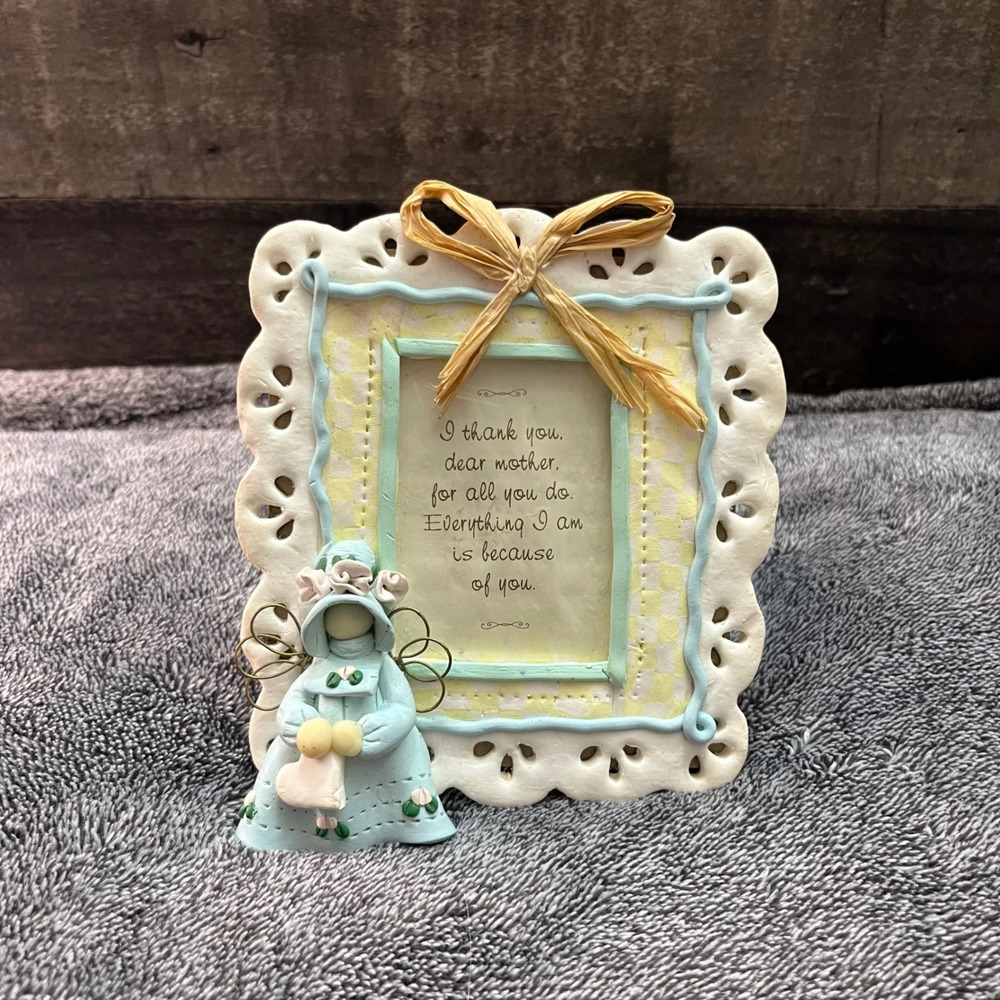 Vintage Mother Angel Picture Frame Blue Yellow Gingham Scalloped Cottagecore